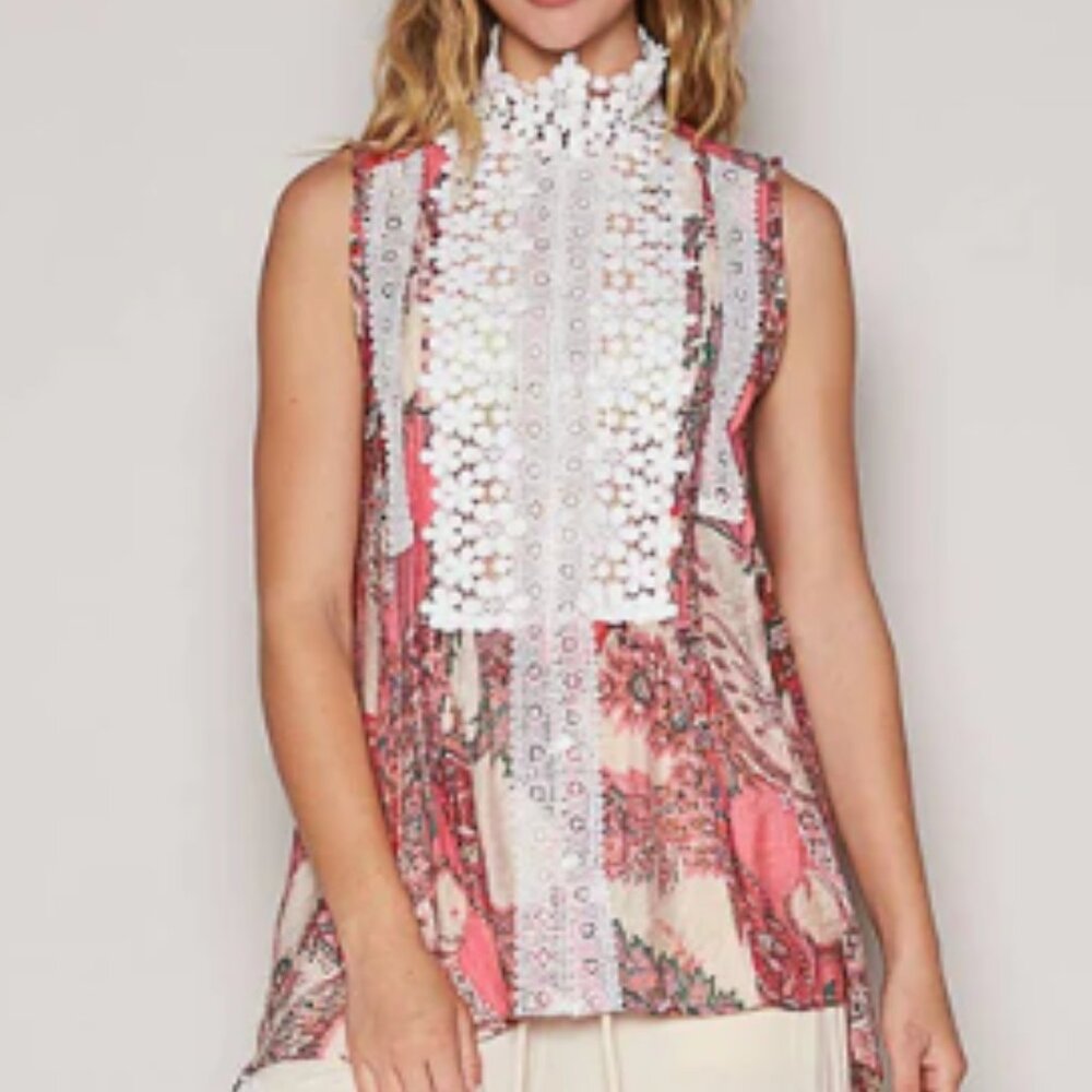 NWOT POL Floral Sleeveless Boho Crochet Mock Neck Blouse Sz S Flowy Cottagecore